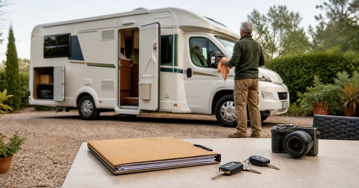 Propietario preparando una autocaravana de segunda mano para su venta