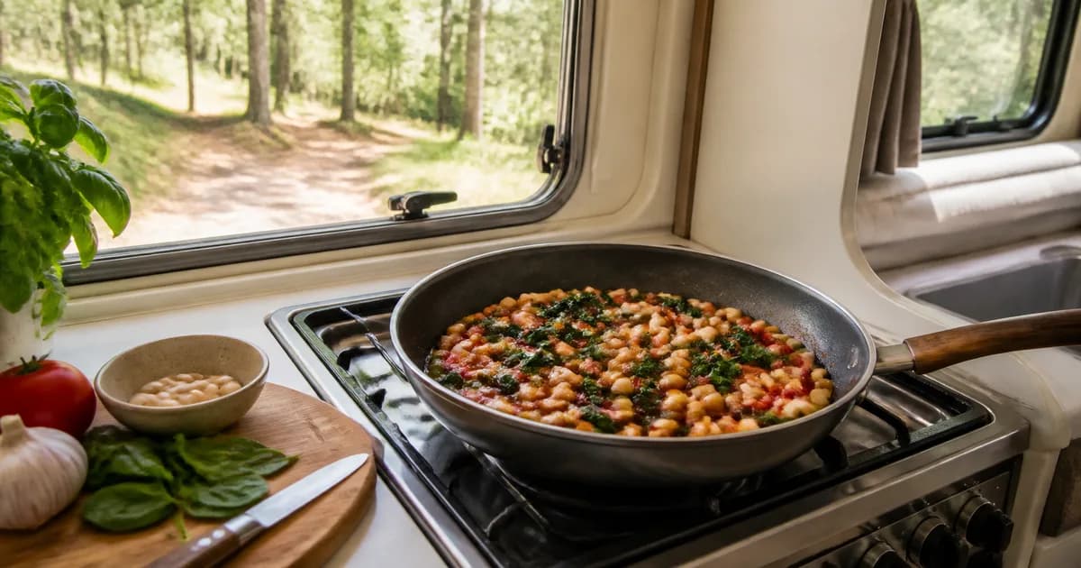 Comida sencilla preparada en la cocina de una autocaravana