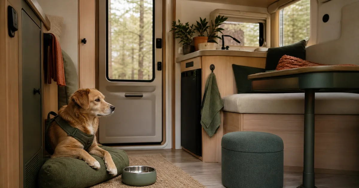 Perro preparado para viajar de forma segura en autocaravana